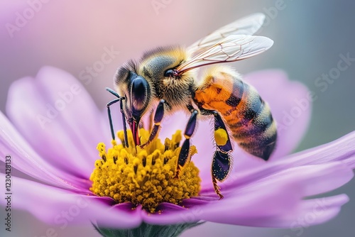 A honeybee pollinating a flower, with a focus on the transfer of pollen grains, capturing the essential role of bees in plant reproduction photo