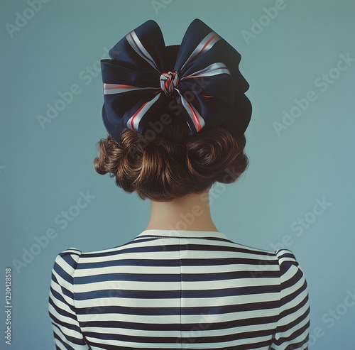 Elegant woman with vintage hairstyle and stylish bow against a blue background