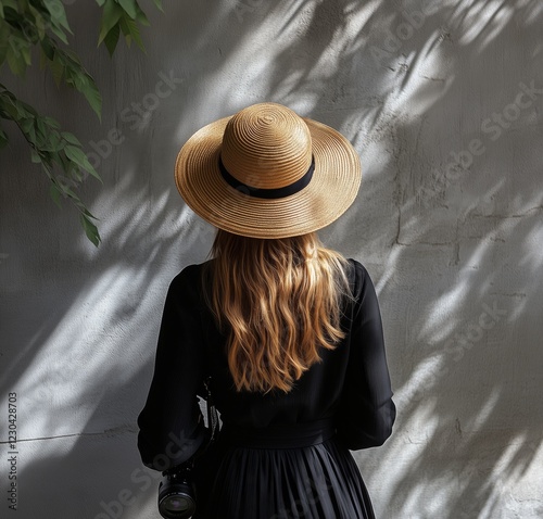 Woman with straw hat standing against a textured wall in soft sunlight