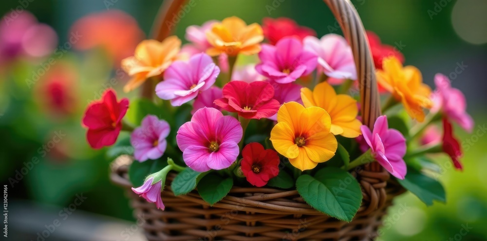 Obraz premium Colorful pea flowers blooming in a woven basket, Pea flowers, Garden, Gardenia