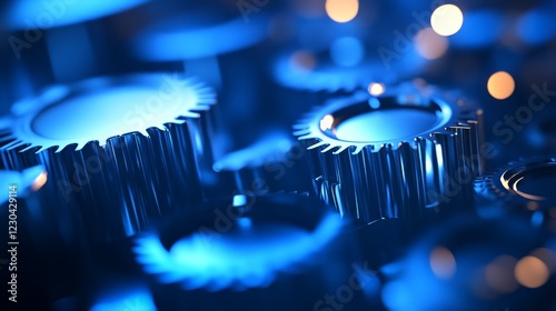 Close-up view of interconnected metallic gear illuminated by blue light, showcasing industrial mechanics