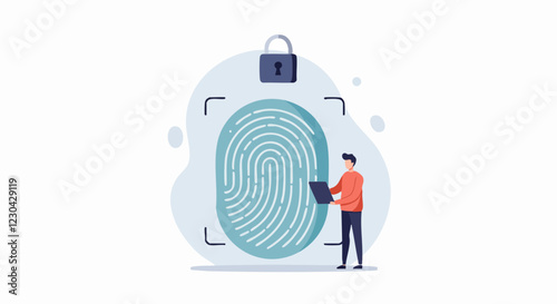 Illustration of a person using a laptop to access fingerprint recognition, highlighting security technology and digital access.