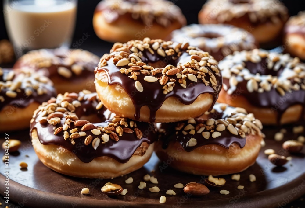 Chocolate glazed donuts topped with a variety of nuts is showcased on a rustic wooden table. The warm lighting enhances the delicious details and textures of the treats. Generative AI Chocolate glazed donuts topped with a variety of nuts is showcased on a rustic wooden table. The warm lighting enhances the delicious details and textures of the treats. Generative AI