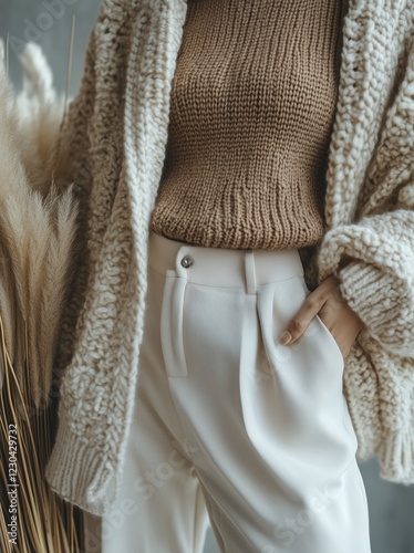 Cozy winter outfit featuring knitwear and stylish trousers in a modern indoor...