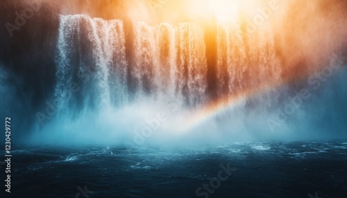 Wallpaper Mural Majestic waterfall cascading into a serene lake, bathed in golden sunlight with a subtle rainbow. Torontodigital.ca