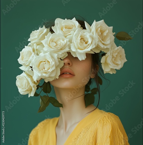 Woman adorned with white roses against a green backdrop in a serene and artis...