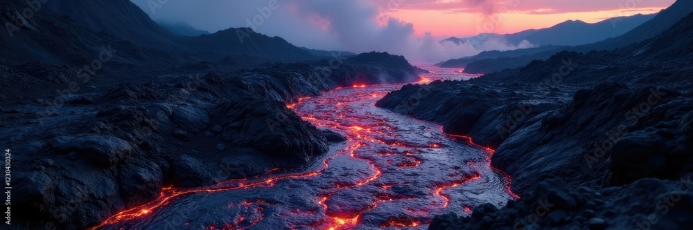 Fototapeta premium Flowing river of dark molten lava flows over rugged volcanic terrain, natural wonder, mountainous terrain