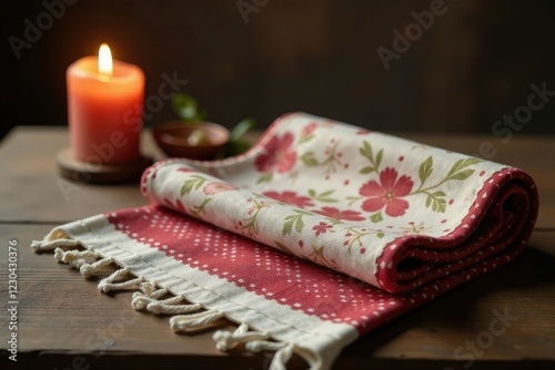 Folded piece of cloth on a wooden table with a candle, folk craft, handmade cloth, wooden table