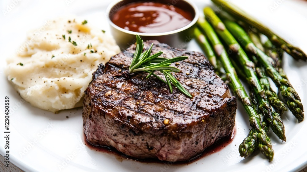 A perfectly grilled steak with a juicy pink center, served with a side of garlic mashed potatoes and steamed asparagus, Steak centered A perfectly grilled steak with a juicy pink center, served with a side of garlic mashed potatoes and steamed asparagus, Steak centered