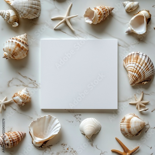 Decorative arrangement of seashells and starfish on a marble surface with a b...