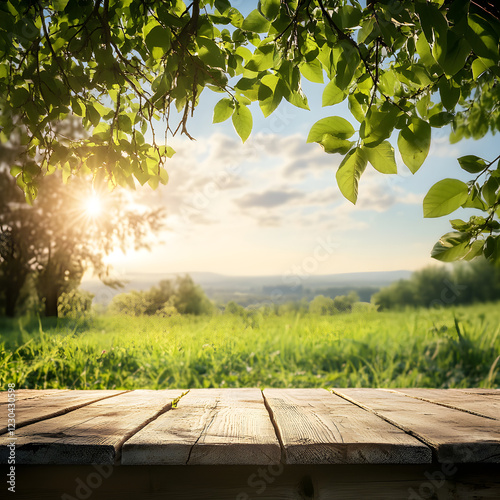 Empty wooden table with a blurred lush green forest, providing space for product placement and advertising. photo