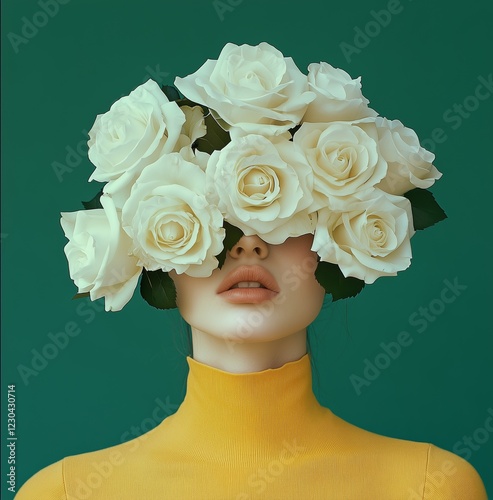 Woman with white roses covering her face against a green background in a crea...