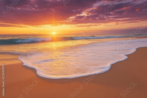 Serene Sunset Over Gentle Waves on Tranquil Sandy Beach Shore