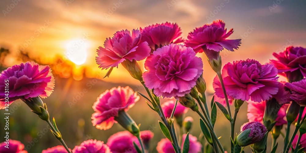 Fototapeta premium Silhouetted Pink Dianthus Bouquet at Sunset - Elegant Floral Backlit Photography