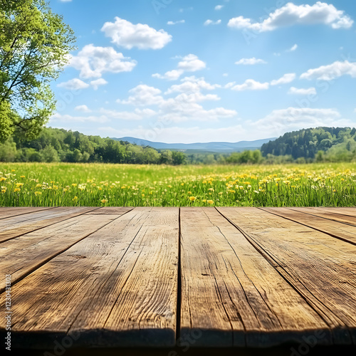 Empty wooden table with a blurred lush green forest, providing space for product placement and advertising. photo