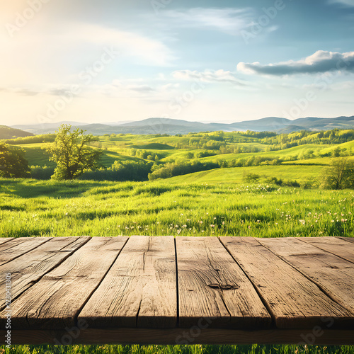 Empty wooden table with a blurred lush green forest, providing space for product placement and advertising. photo