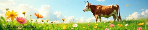 Fresh flowers sway in gentle breeze beside serene brown cow, landscape, green grass photo