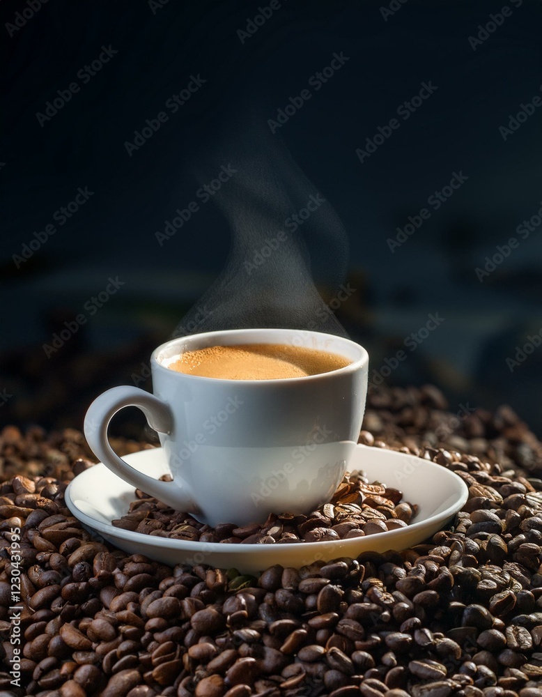 Fototapeta premium Taza de café, sobre una montaña de granos de café arabica tostados.