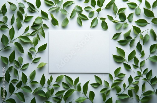 Green leaves surround a blank card on a light surface creating a fresh and na...