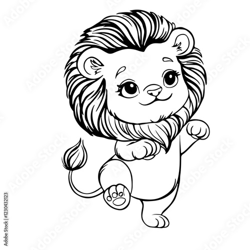 Vector illustration of cute cartoon lion cub. Monochrome illustration