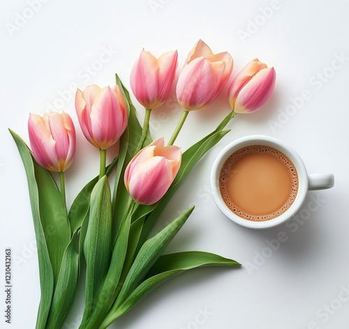 Fresh pink tulips arranged alongside a cup of coffee on a clean white table
