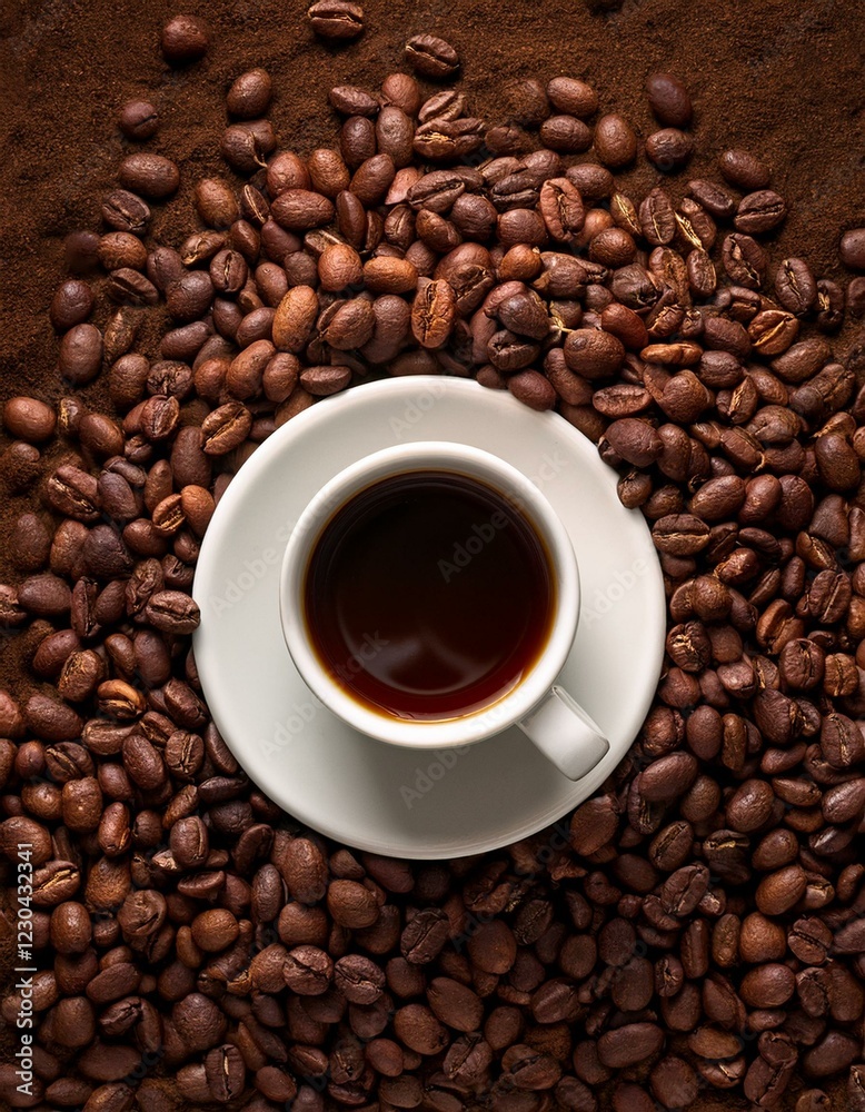 Taza de café, sobre una montaña de granos de café arabica tostados. Taza de café, sobre una montaña de granos de café arabica tostados.