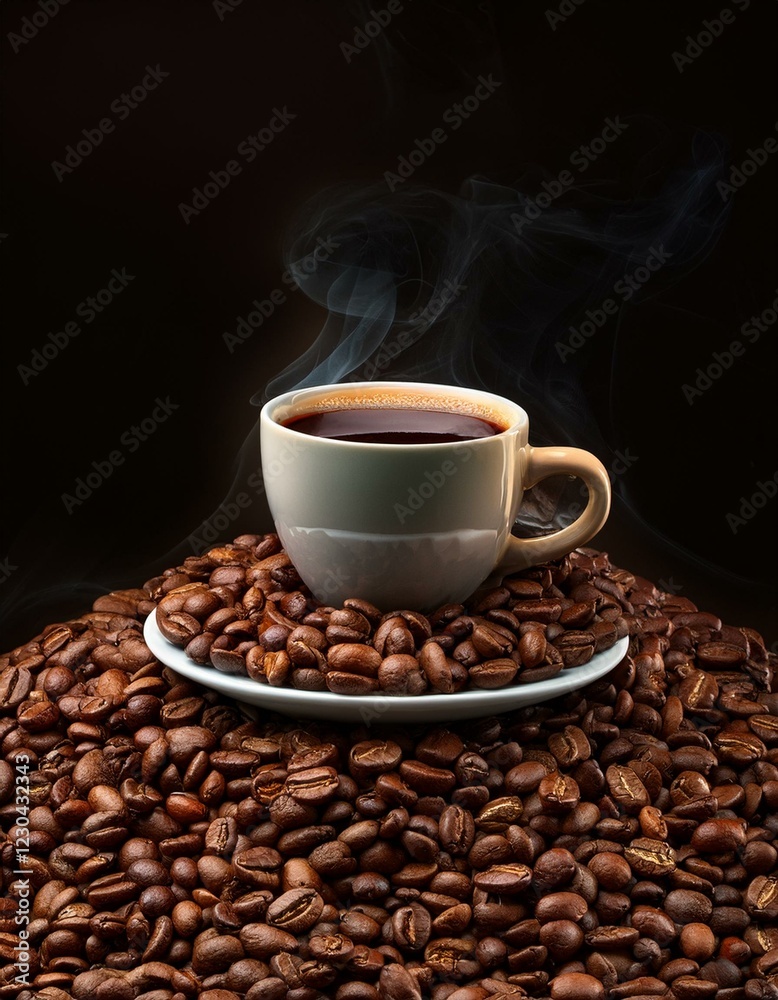 Taza de café, sobre una montaña de granos de café arabica tostados. Taza de café, sobre una montaña de granos de café arabica tostados.