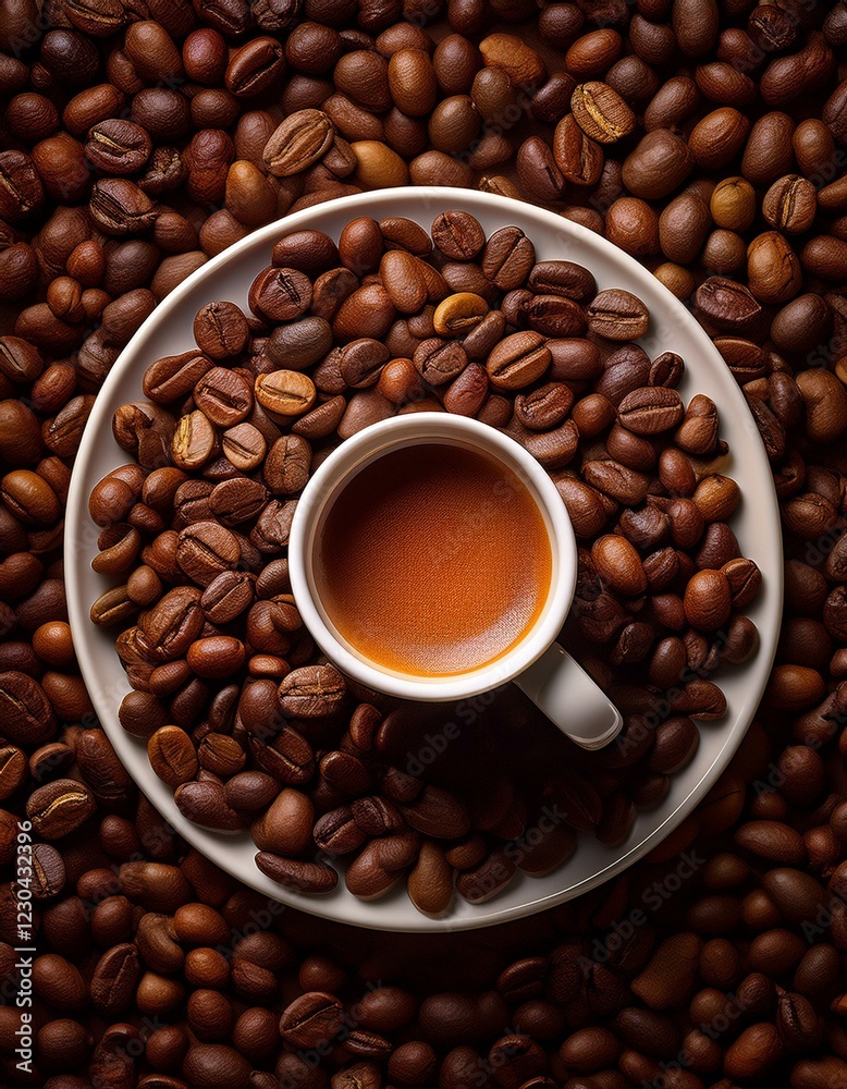 Fototapeta premium Taza de café, sobre una montaña de granos de café arabica tostados.