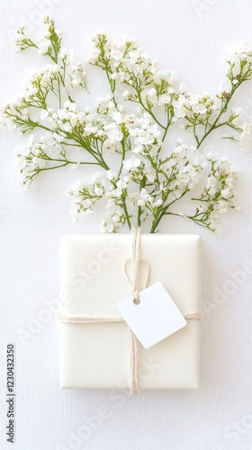 A white gift box tied with twine, complemented by delicate white flowers on a neutral background.