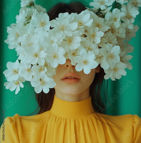 Woman with flowers covering her face in a vibrant yellow dress against a gree...