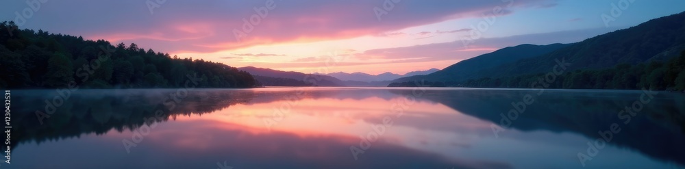 Lake at dusk with long exposure and soft focus, calm, sky Lake at dusk with long exposure and soft focus, calm, sky