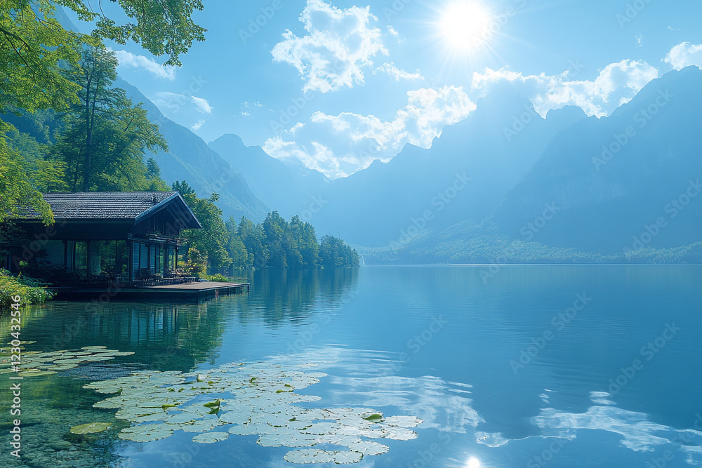 Fototapeta premium Mountain Lake Cabin Idyllic Summer Scene