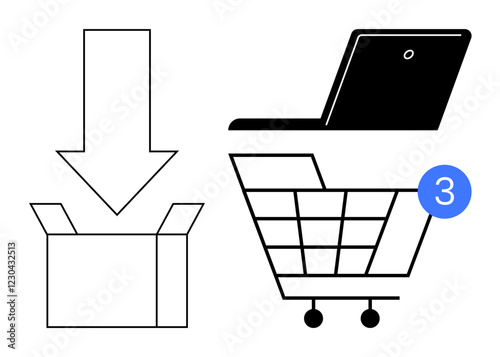 Laptop, arrow pointing into an open box, and shopping cart with number three icon. Ideal for online shopping, e-commerce logistics, order management, digital retail, stock monitoring, customer