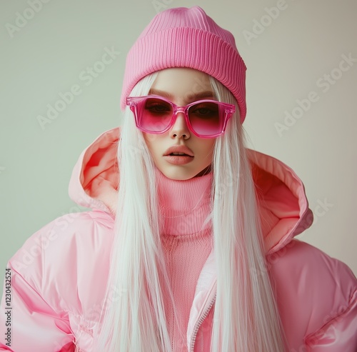 Fashionable model showcasing winter attire with vibrant pink colors in a stud...