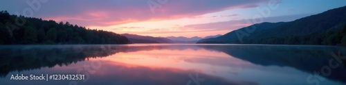 Lake at dusk with long exposure and soft focus, calm, sky