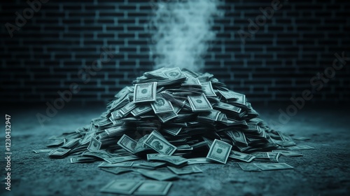 A visually striking image depicting a large pile of cash with steam rising, set against a brick wall. Ideal for themes of wealth, finance, and materialism. photo