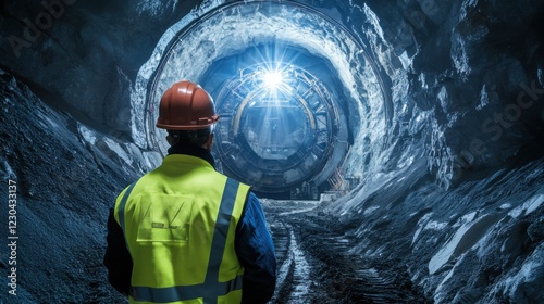 A focused image of a tunnel engineer examining tunnel boring machine progress underground, Tunnel boring machine inspection scene, Technical and underground style