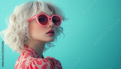 Stylish young woman with short curly hair wearing pink sunglasses against a t...