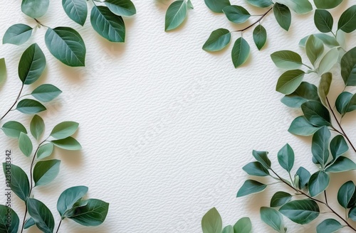 Green leaves arranged in a decorative border on a light textured background