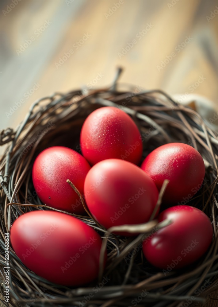 Colored deep red easter eggs in nest top view background selective focus image happy easter card easter egg holiday illustration celebration easter