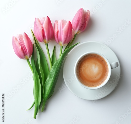 Coffee and pink tulips create a soothing morning atmosphere