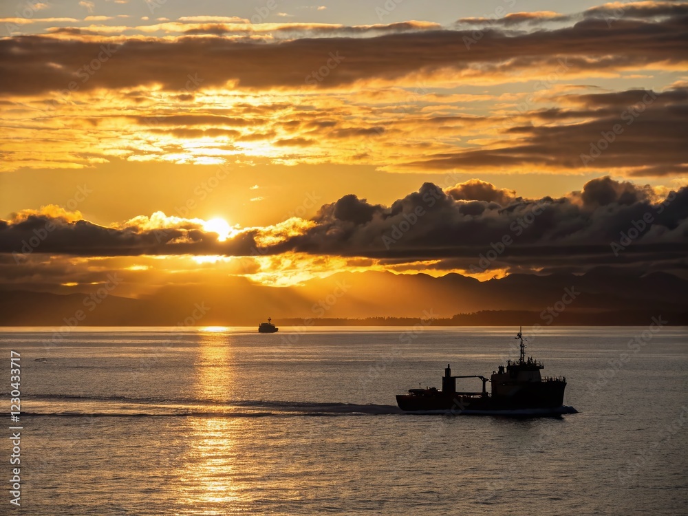 Silhouette of Boat at Sunset over Vancouver Island, December Winter Scene Silhouette of Boat at Sunset over Vancouver Island, December Winter Scene