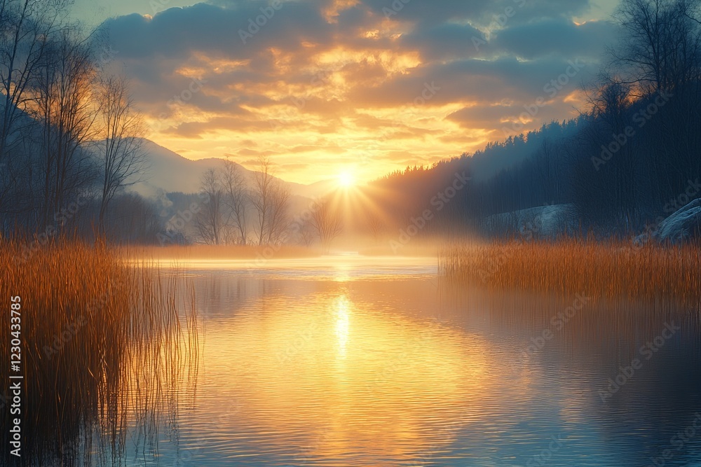 Sunrise over tranquil lake surrounded by mountains and reeds reflecting warm colors in early morning light Sunrise over tranquil lake surrounded by mountains and reeds reflecting warm colors in early morning light