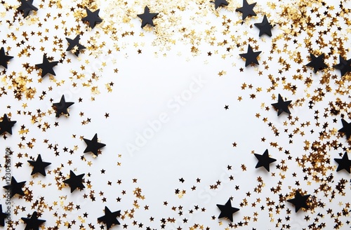 Decorative black and gold star confetti on a white background for celebration...