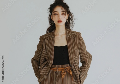 Fashion model poses stylishly in striped suit with casual elegance in modern ...