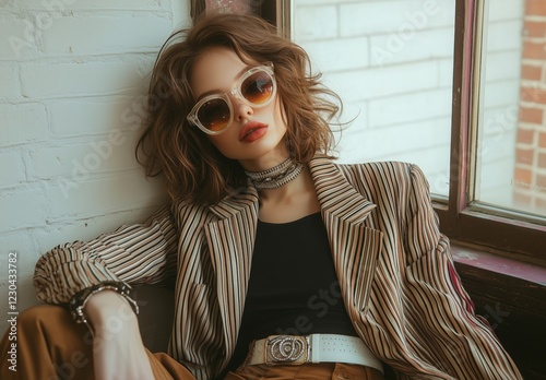 Stylish woman in sunglasses poses in a vintage setting with a relaxed demeano...