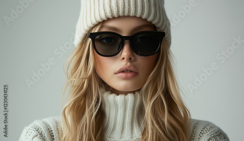 Stylish model wearing sunglasses and knit hat during indoor fashion shoot
