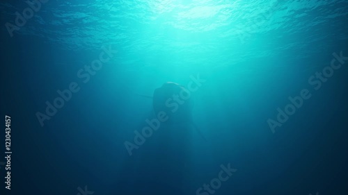 A blue whale swims under the ocean surface