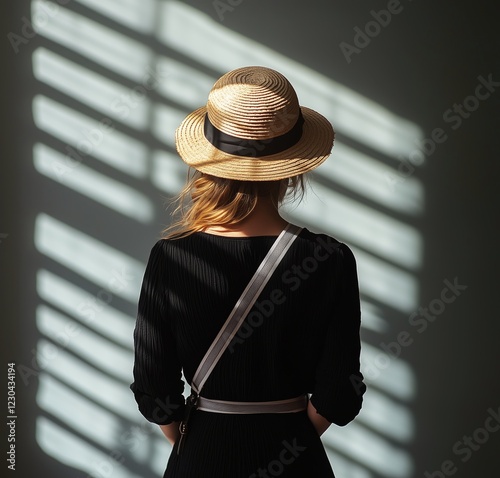 Woman in a straw hat stands against light and shadow patterns in a minimalist...