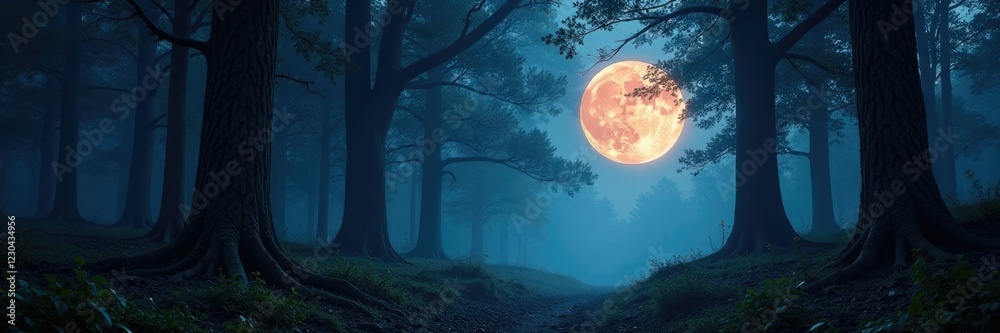 Shaded forest with an otherworldly, lunar glow, mysterious, moon